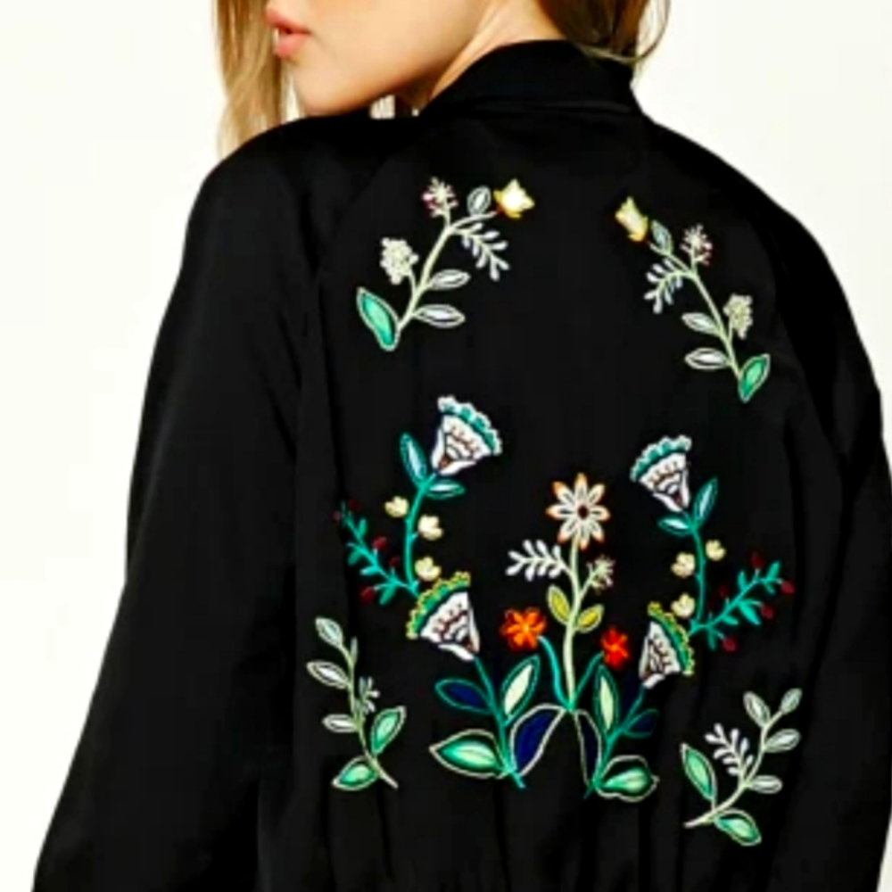 Floral embroidered satin bomber jacket